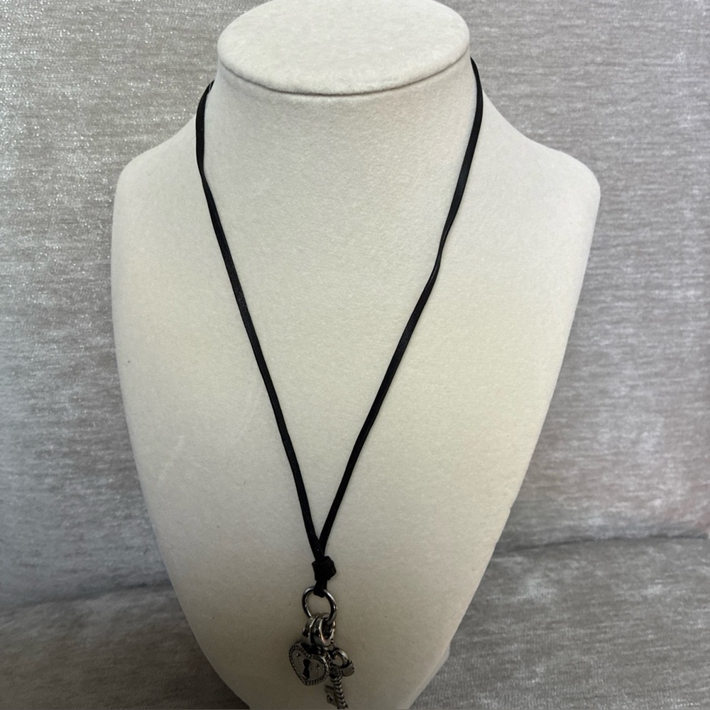 Fossil Black Leather Necklace with Heart and Key Charms
